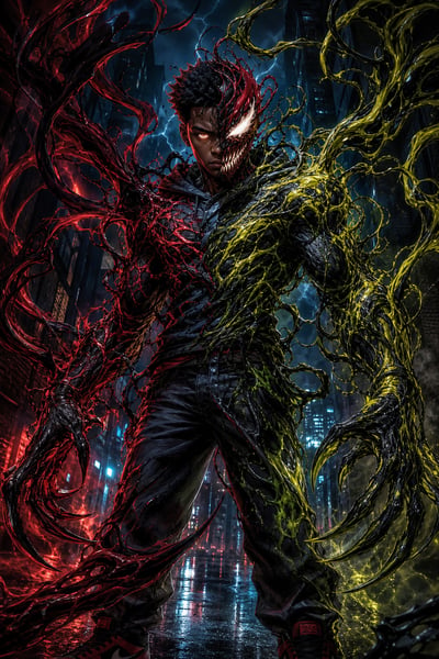 Carnage and Toxin fan-art fusion with a half-human teenage hero and crimson-black and acid-green tendrils in a rainy alley