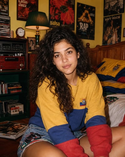 Curly-haired woman in a yellow, blue, and red sweatshirt sitting on a bed in a retro bedroom with music posters and a stereo