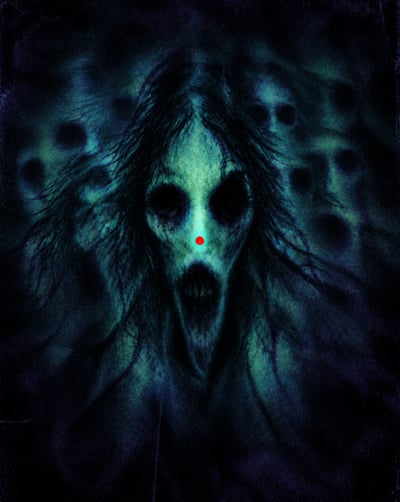 Cyan-green spectral face with dark eyes, offset facial echoes, smoky violet shadows, distressed print texture, and one red dot