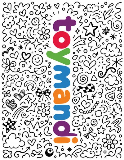 Multicolor vertical TOYMANDI logo surrounded by dense black hearts, stars, flowers, clouds, faces, and looping doodles on white