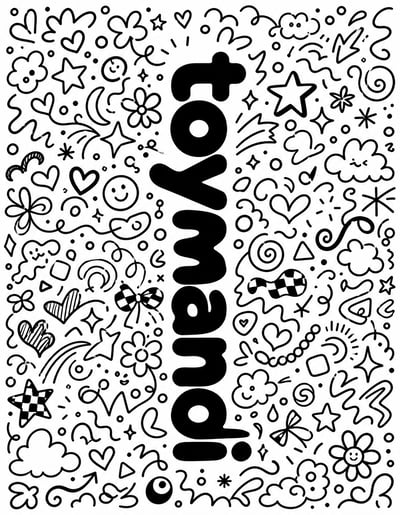 Black vertical logo on white, surrounded by dense hand-drawn stars, hearts, flowers, clouds, faces, loops, and geometric doodles