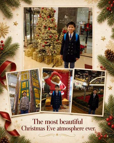 Christmas Eve child-portrait collage with one large tree-side photo, three holiday frames, evergreen branches, and red ribbon