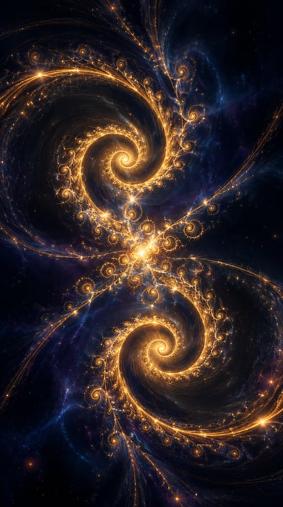 Vertical cosmic fractal artwork with two converging golden spirals, branching filaments, and a deep navy-indigo background