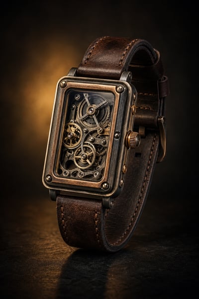 Rectangular skeleton-watch concept with exposed gears, brass-copper patina, a brown leather strap, and amber-lit dark background