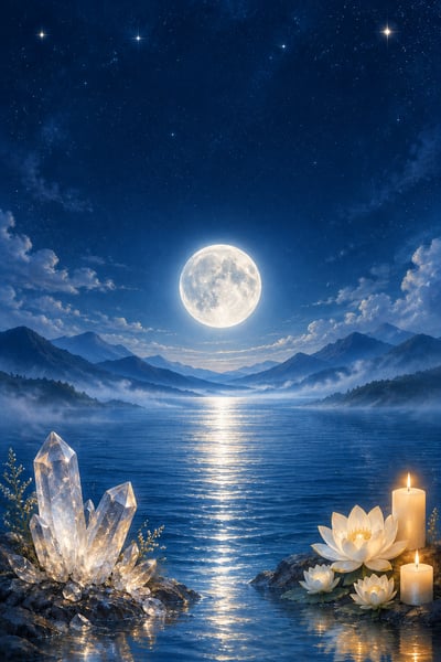 Full moon above a misty mountain lake, with quartz crystals at lower left and white lotus flowers and candles at lower right