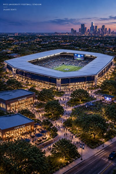 Blue-hour aerial view of a 24,000-seat football stadium with a low roof, lit field, single jumbotron, plaza, and Houston skyline