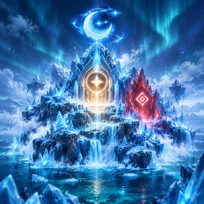 Frozen fantasy island under an aurora with icy waterfalls, crystal trees, a glowing crescent, a gold star shrine, and a red rune