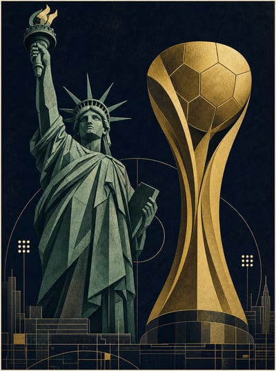 Screenprint-style poster of a faceted green Statue of Liberty beside a gold soccer trophy, with stadium lights and a city skyline