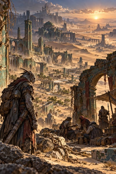 Horned traveler overlooking desert ruins with green-stone temples, domed structures, broken bridges, and a small survivor group