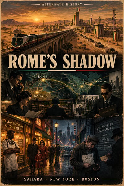 Fictional Rome’s Shadow poster with a desert railway, glowing route map, and rain-soaked street scene in layered pulp styling
