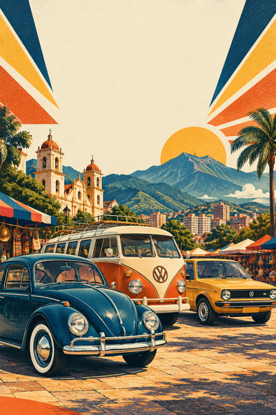 Retro blue Beetle, cream-and-orange Kombi, and yellow Golf Mk1 in a mountain market scene beneath an open cream-and-blue field