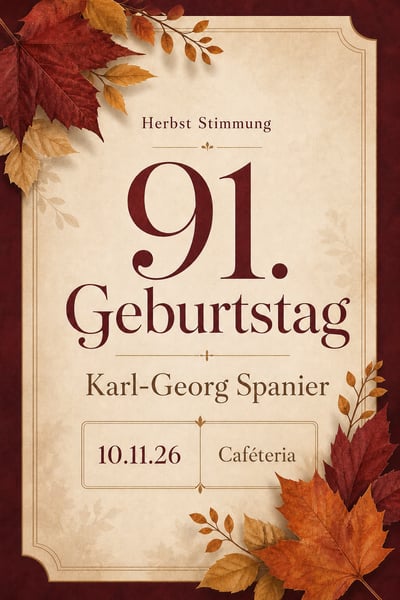 German 91st birthday invitation with burgundy numerals, centered serif text, a cream framed panel, and layered autumn leaves