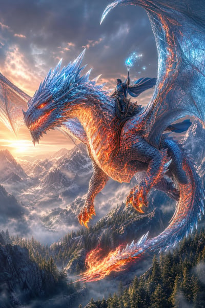 Ice-spiked blue dragon carrying a cloaked mage with a glowing staff above snowy mountains, misty valleys, and sunrise light
