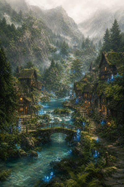 Fantasy village on a cascading river with timber houses, stone bridges, glowing blue crystals, and a distant mountain shrine