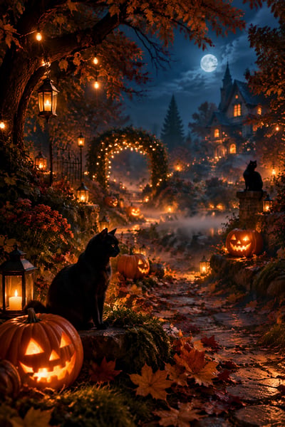 Moonlit Halloween garden with black cats, glowing pumpkins, hanging lanterns, autumn leaves, low mist, and a distant gothic house