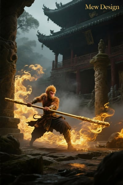Monkey warrior gripping a long golden staff amid swirling golden fire in a misty temple courtyard with carved stone pillars
