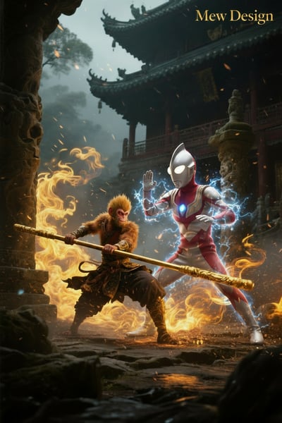 Sun Wukong with a golden staff facing silver-and-red Ultraman amid fire and blue lightning in a misty temple courtyard