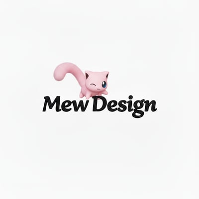 Winking pink cat-like mascot with a curled tail on a black serif Mew Design wordmark on a white background