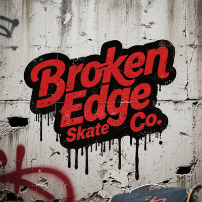 Red and black Broken Edge Skate Co. logo with spray-paint drips on a cracked concrete wall with red graffiti