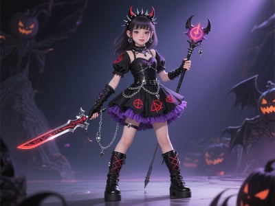 Young demon hunter in a black-and-purple ruffled costume with chains and a horn headband, holding a glowing sword and staff