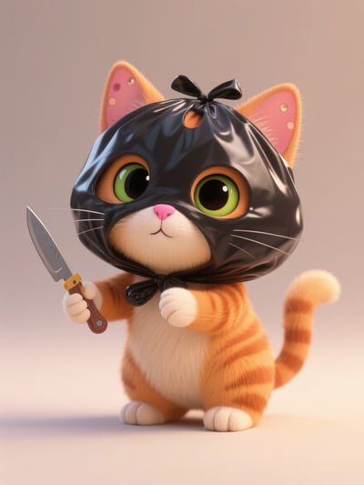 3D cartoon orange tabby kitten with green eyes wearing a glossy black bag mask and holding a small knife on a mauve backdrop