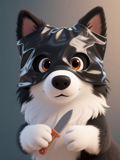 3D cartoon Border Collie wearing a glossy black bag mask with eye holes, holding a small orange-handled toy knife