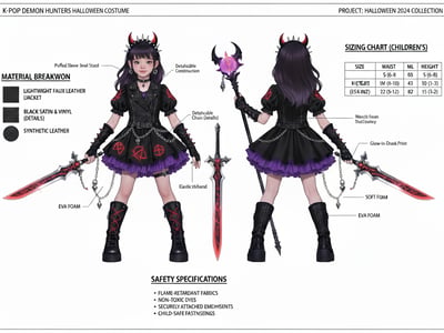 Technical fashion sheet showing front and back views of a black-and-purple children's Halloween costume with swords and a staff