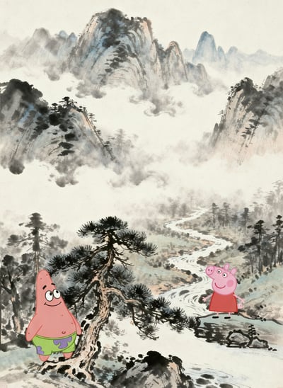 Patrick Star beside a gnarled pine and Peppa Pig by a river in a misty Chinese ink-wash mountain landscape