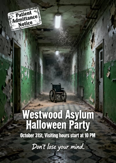 Halloween party poster with a lone wheelchair in a decaying green asylum hallway, a stamped notice, and distressed white lettering
