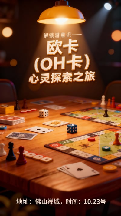 Vertical Chinese OH card event poster with a glowing pendant lamp above a wooden table of board games, cards, dice, and pawns