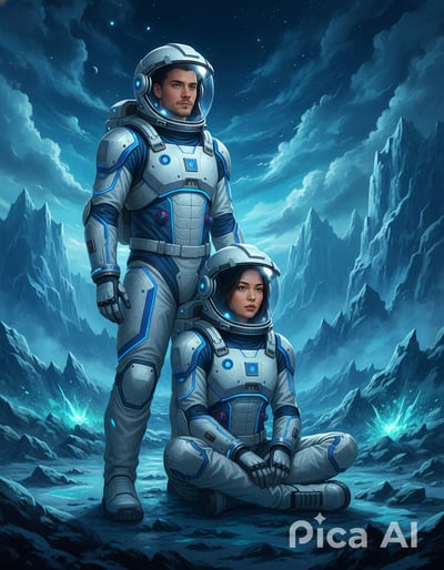 Two astronauts in white-and-blue spacesuits, one standing and one seated, amid jagged ice cliffs and glowing cyan crystals