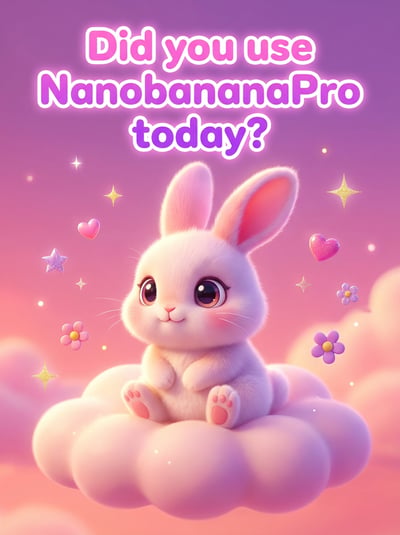 Fluffy pink-and-cream bunny sitting on a soft cloud with hearts, flowers, and sparkles under a glowing pink and purple headline