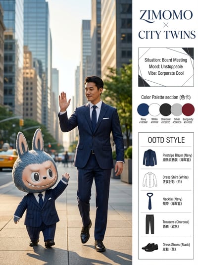 Man in a navy pinstripe suit waving beside a small blue-gray plush character in a matching suit, next to an OOTD sidebar