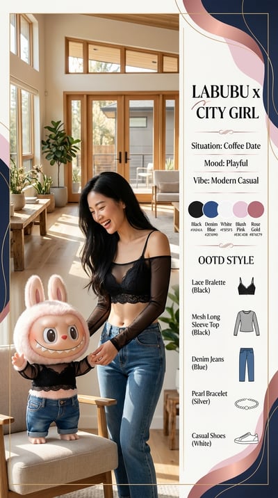 Laughing woman holding hands with a pink plush Labubu in matching black lace and denim, beside an OOTD list and color swatches