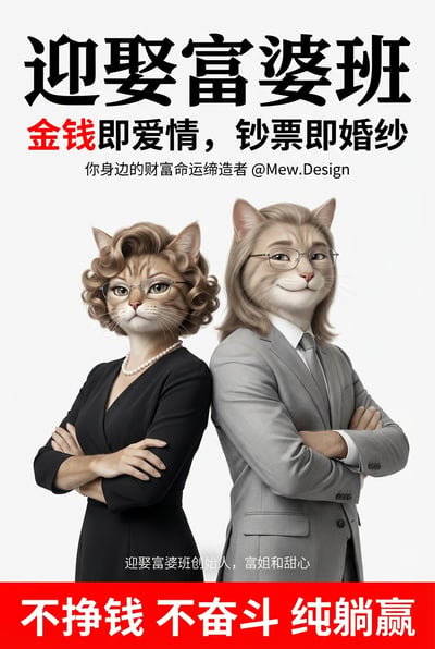Two cat-headed figures with glasses, one in a black dress and pearls, one in a gray suit, back to back under bold Chinese text