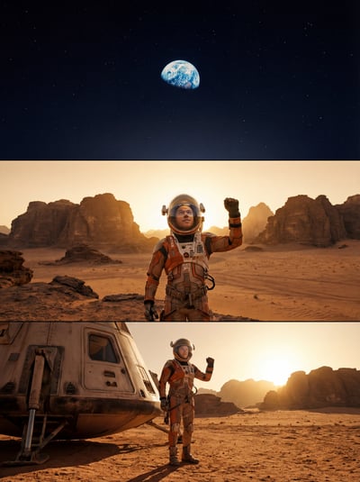 Three-panel scene of Earth in a starry sky, an orange-suited astronaut raising a fist on Mars, and the astronaut beside a capsule