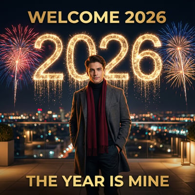 Man in a gray overcoat and burgundy scarf on a night rooftop beneath sparkling gold 2026 numerals and colorful fireworks