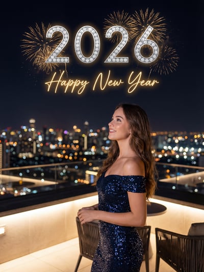 Smiling woman in a navy sequin dress on a night rooftop gazing at diamond 2026 numerals, gold fireworks, and Happy New Year script