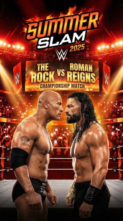 Two shirtless wrestlers face off in a ring under fiery SummerSlam 2025 lettering and a THE ROCK VS ROMAN REIGNS screen panel