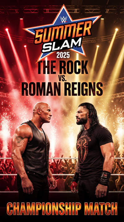 Vertical wrestling poster with a blue star SummerSlam logo above two men facing off in a ring under red and gold spotlights