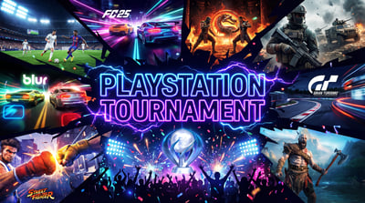 Wide neon esports poster with football, racing, and fighting game panels around glowing PLAYSTATION TOURNAMENT text and a trophy