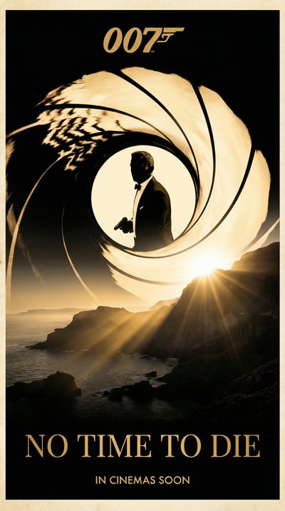 Black-and-gold spy poster with a tuxedoed gunman silhouette inside a gun-barrel spiral above a sunlit rocky coastline