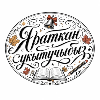 Oval Яраткан укытучыбыз calligraphy emblem with bell, open book, pencil and autumn leaves on white