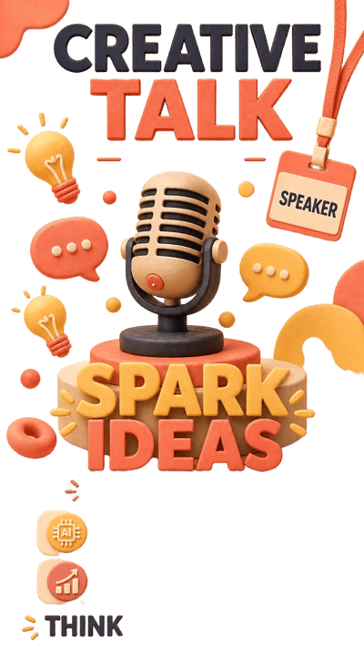 Creative Talk graphic with raised orange lettering, retro microphone, speaker badge, speech bubbles and light bulbs