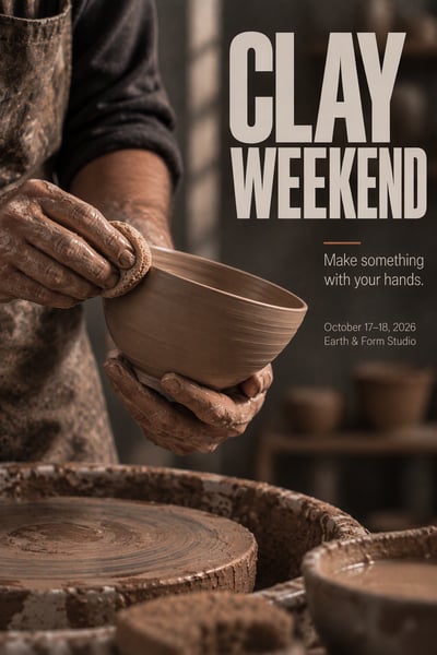 Clay Weekend poster showing clay-covered hands lifting and inspecting a fresh bowl above a pottery wheel