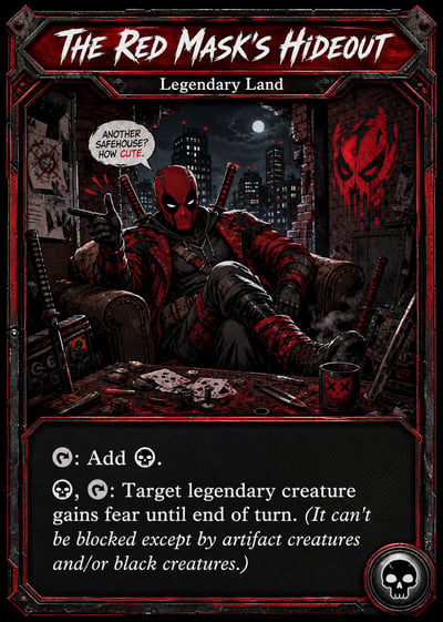 Red-and-black fantasy trading card with a masked mercenary and twin katanas in a ruined safehouse above a dark rules panel