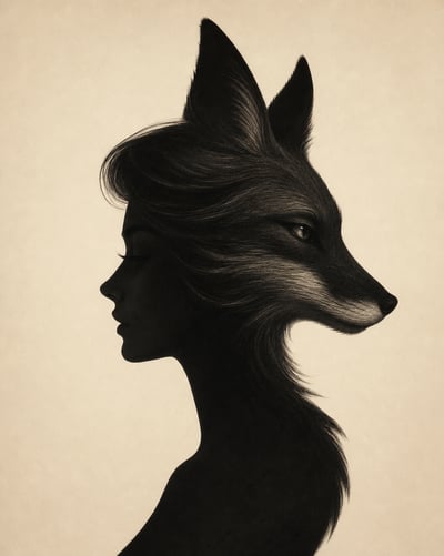 Black silhouette that reads as both a left-facing woman and a right-facing fox on a warm cream background