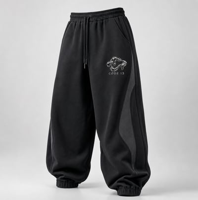 Full-length black and charcoal baggy joggers with elastic cuffs, tonal side panels, and a chrome emblem on a pale gray background