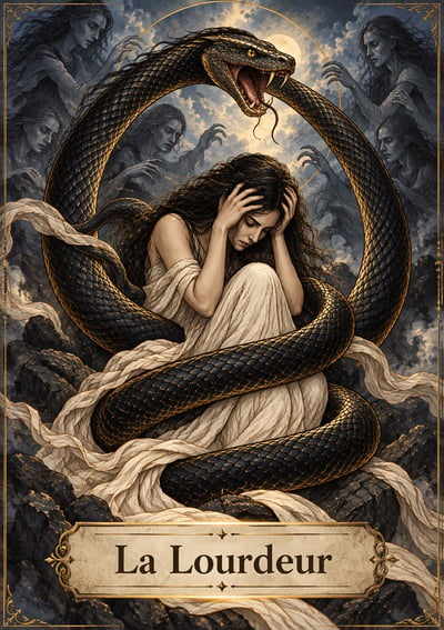 La Lourdeur oracle card with a woman in ivory inside a black serpent's coils, ghostly figures, gold edging, and a parchment plaque