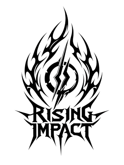 Black-and-white Rising Impact wordmark below a lightning bolt, broken circular ring, and symmetrical flame-like crest